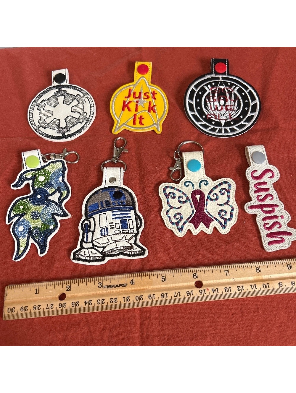 Set of 7 embroidered keychains